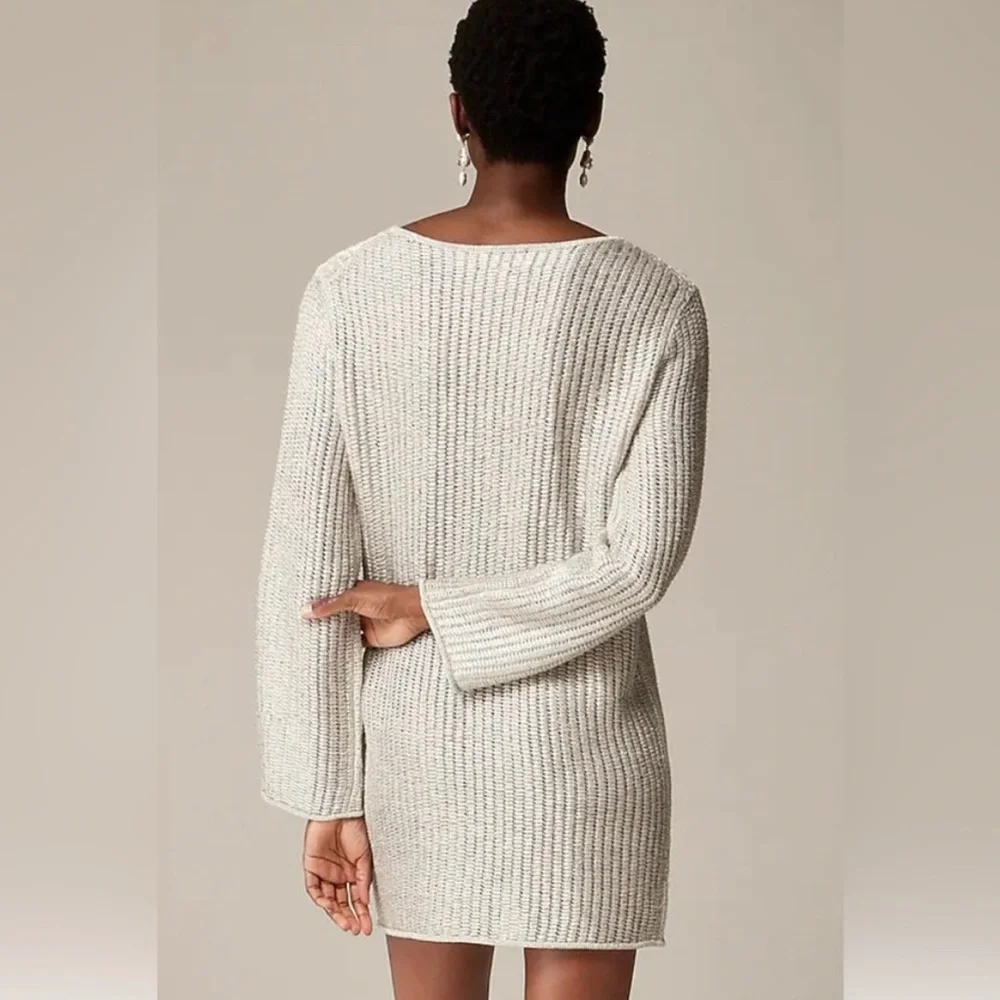 NWT J. Crew Collection Metallic Open Weave Long Sleeve Sweater Dress in‎ Silver.